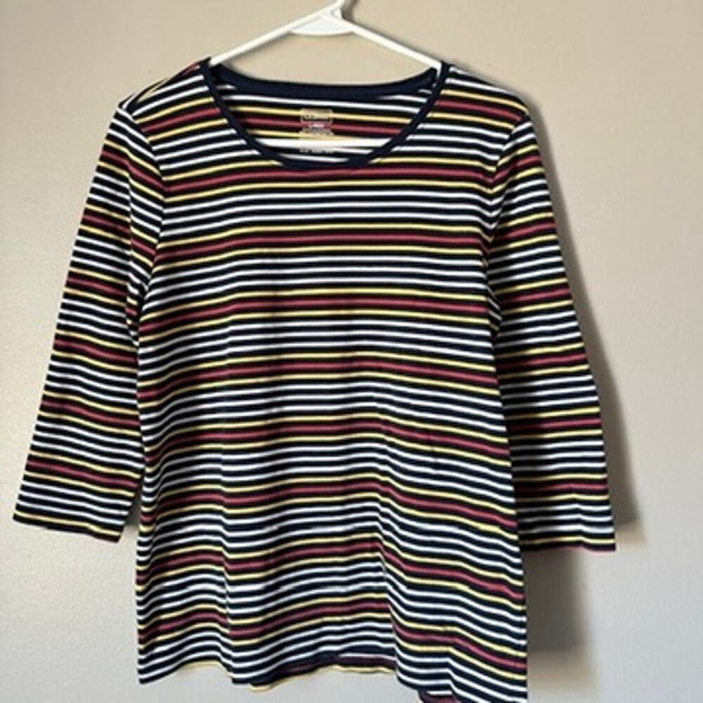 LL Bean T-Shirt Womens LARGE Stripe Preppy Classic Gorpcore Supima Cotton Blue
